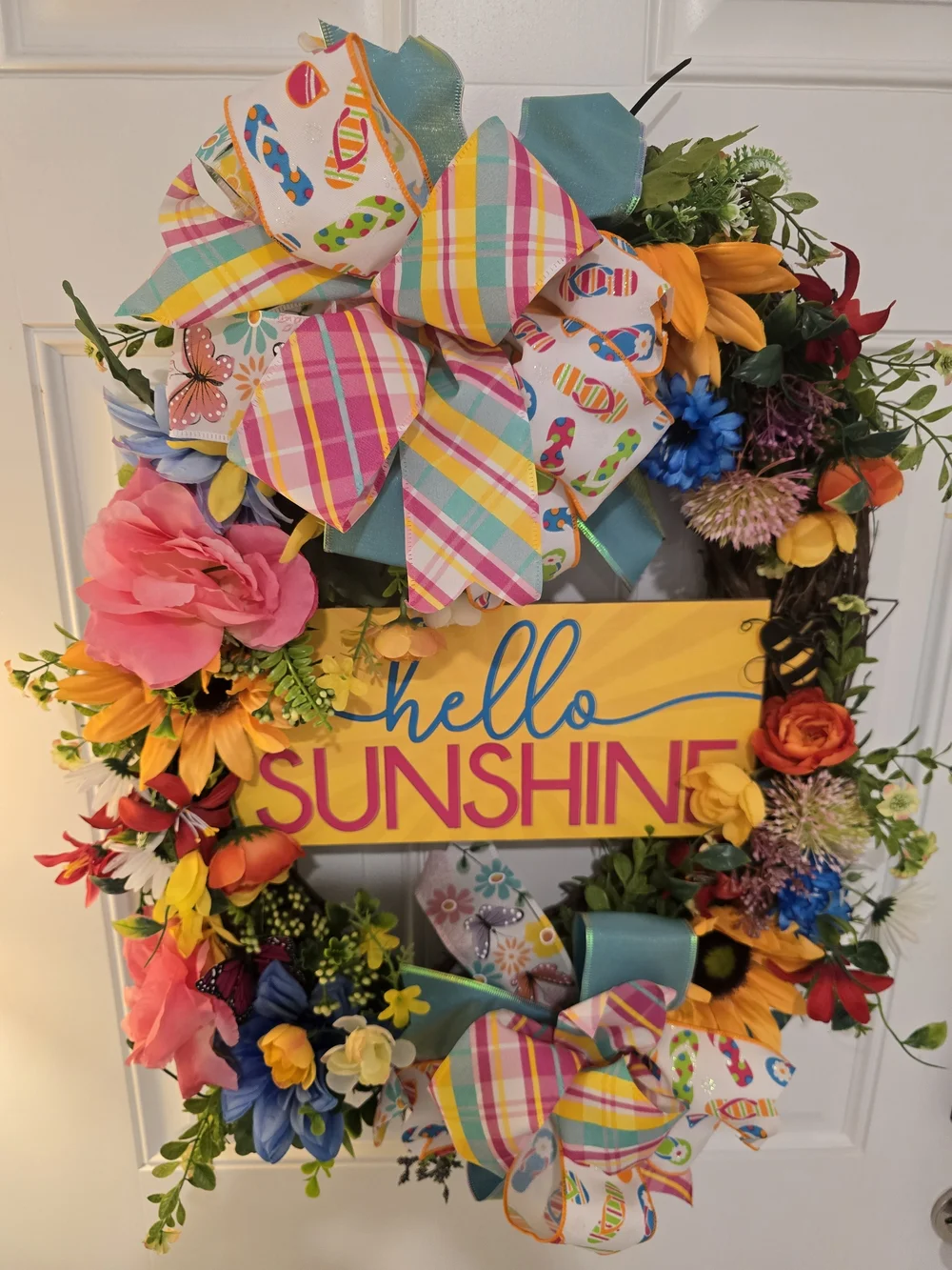 Hello Sunshine Floral Spring Wreath with Rainbow Bows